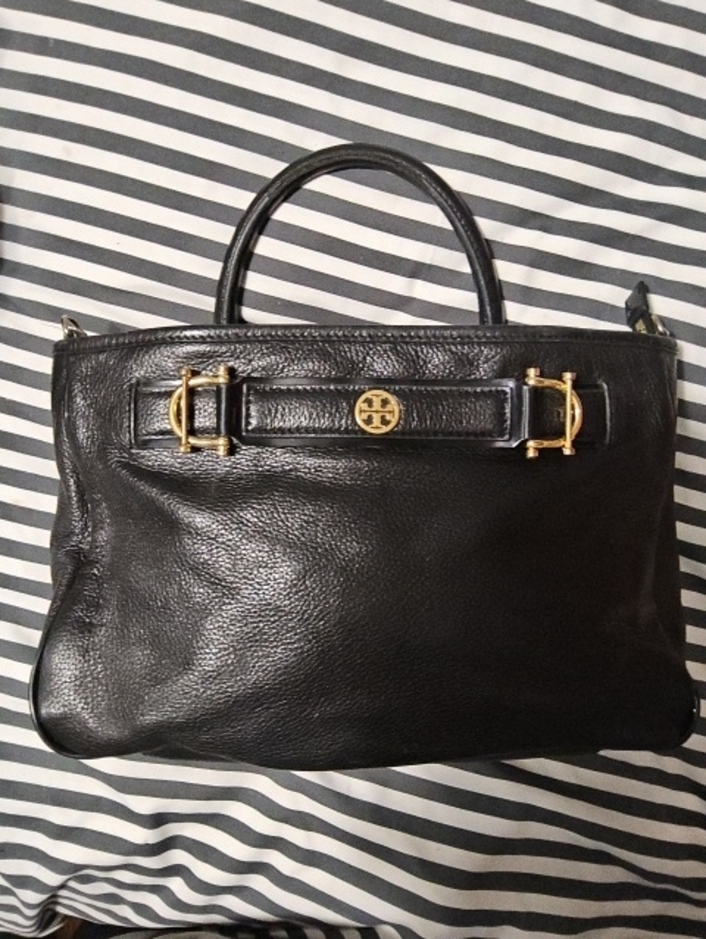 Tory Burch Jaden Horsebit Black Pebbled Leather Satchel Bag